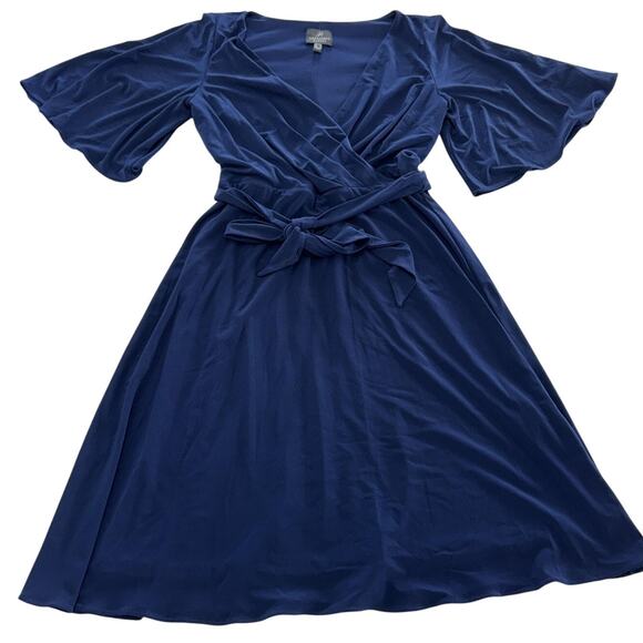 Adrianna Papell Dress Womens Size 2 Blue Wrap Flutter Sleeve Belted Midi‎ - Picture 1 of 7